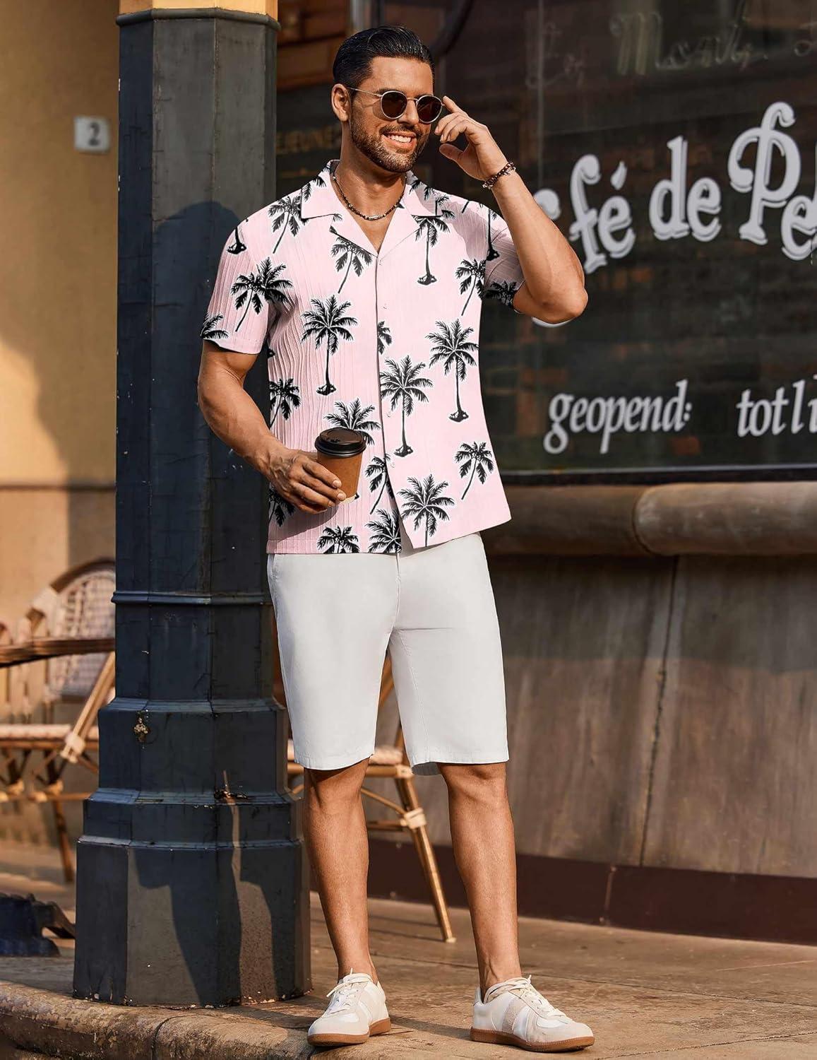 imageCOOFANDY Mens Casual Shirts Short Sleeve Button Down Shirts Fashion Textured Summer Beach ShirtPinkleaf