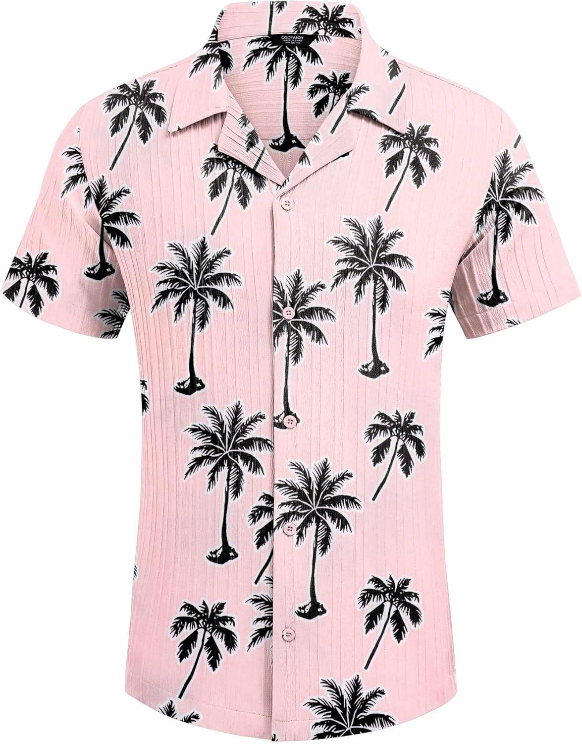 imageCOOFANDY Mens Casual Shirts Short Sleeve Button Down Shirts Fashion Textured Summer Beach ShirtPinkleaf