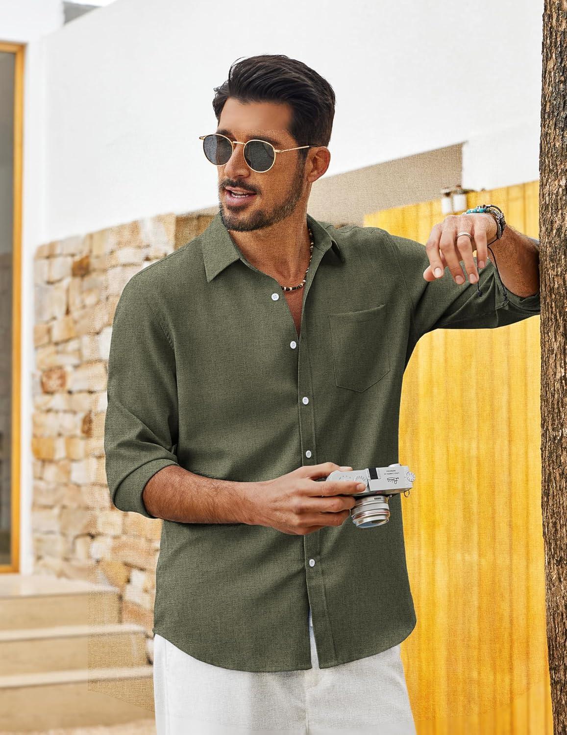 imageCOOFANDY Mens Cotton Linen Button Down Shirts Long Sleeve Casual Summer Beach Shirts for MenArmy Green