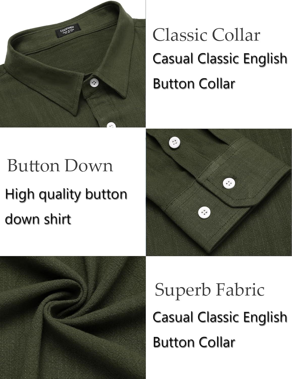 imageCOOFANDY Mens Cotton Linen Button Down Shirts Long Sleeve Casual Summer Beach Shirts for MenArmy Green