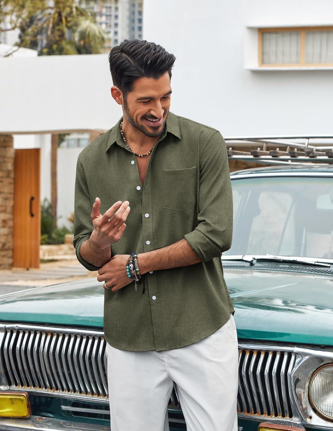 imageCOOFANDY Mens Cotton Linen Button Down Shirts Long Sleeve Casual Summer Beach Shirts for MenArmy Green