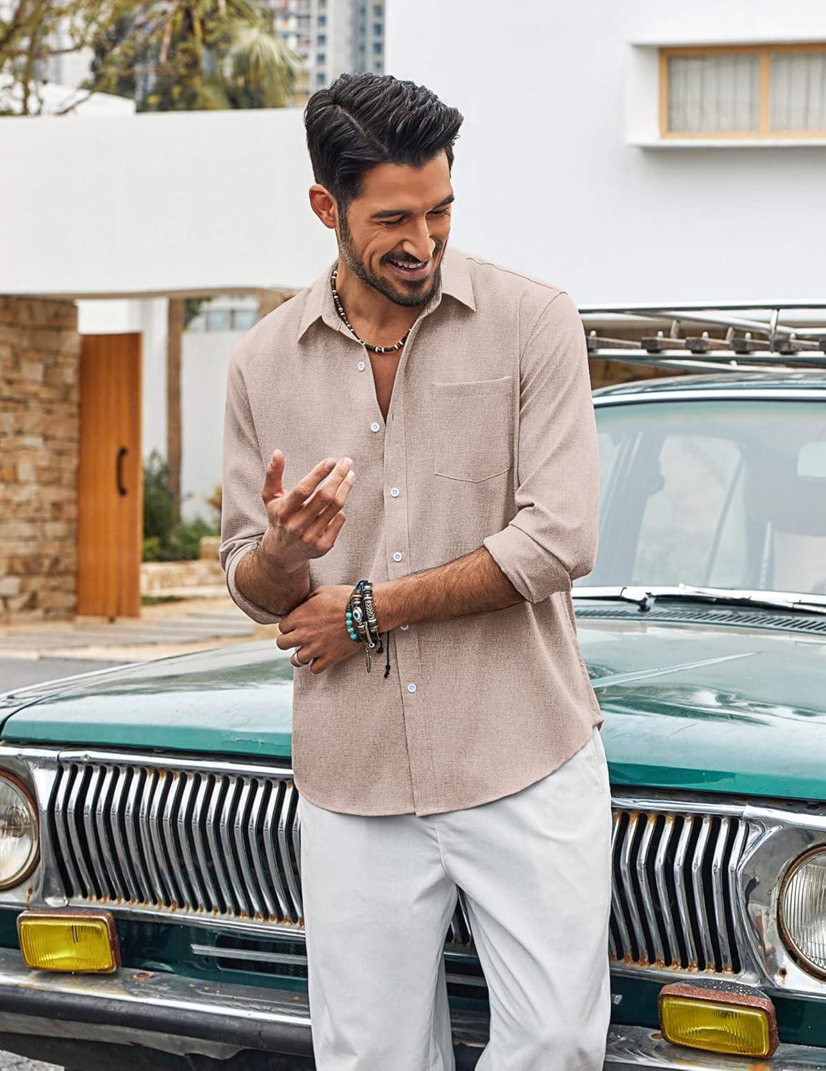 imageCOOFANDY Mens Cotton Linen Button Down Shirts Long Sleeve Casual Summer Beach Shirts for MenKhaki