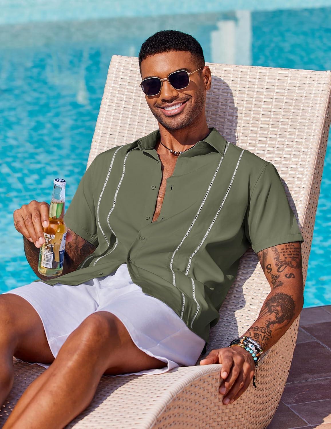 imageCOOFANDY Mens Cuban Guayabera Shirt Short Sleeve Button Down Shirts Summer Beach Vacation ShirtsArmy Green White Webbing
