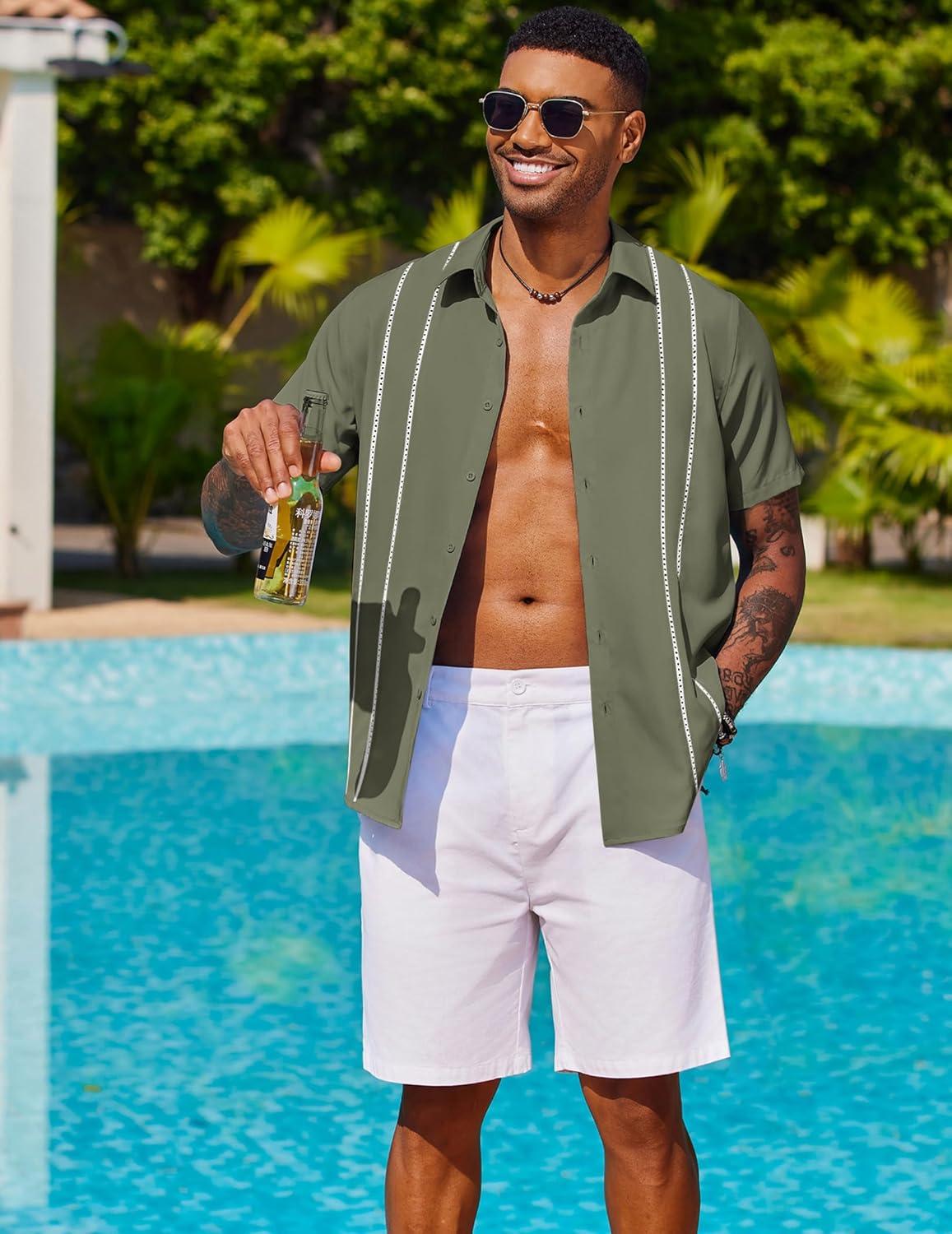 imageCOOFANDY Mens Cuban Guayabera Shirt Short Sleeve Button Down Shirts Summer Beach Vacation ShirtsArmy Green White Webbing