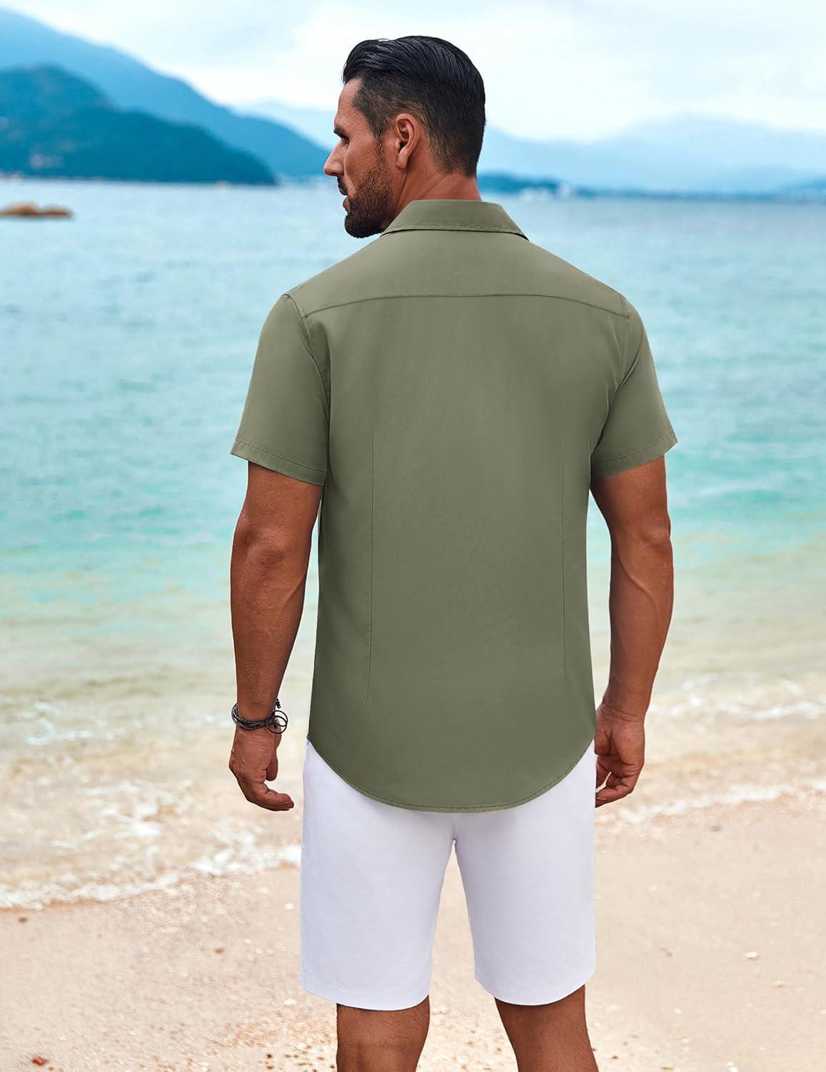imageCOOFANDY Mens Cuban Guayabera Shirt Short Sleeve Button Down Shirts Summer Beach Vacation ShirtsArmy Green White Webbing