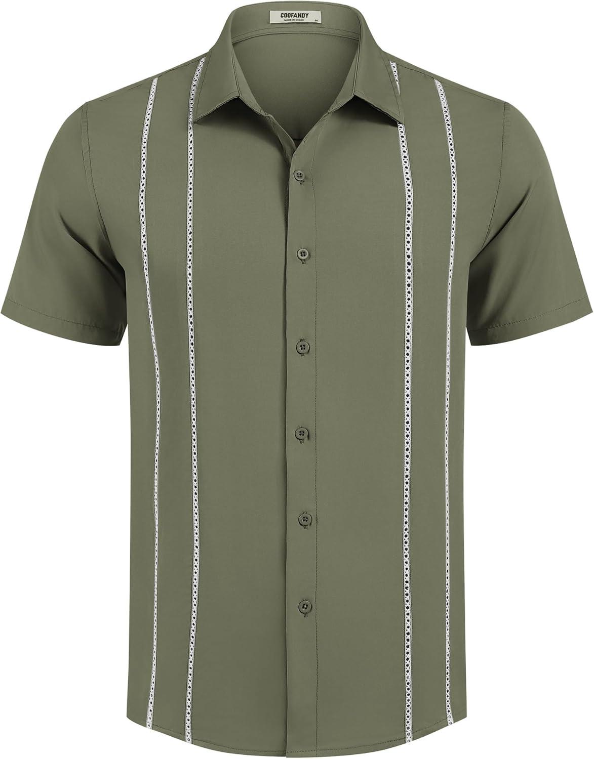 imageCOOFANDY Mens Cuban Guayabera Shirt Short Sleeve Button Down Shirts Summer Beach Vacation ShirtsArmy Green White Webbing