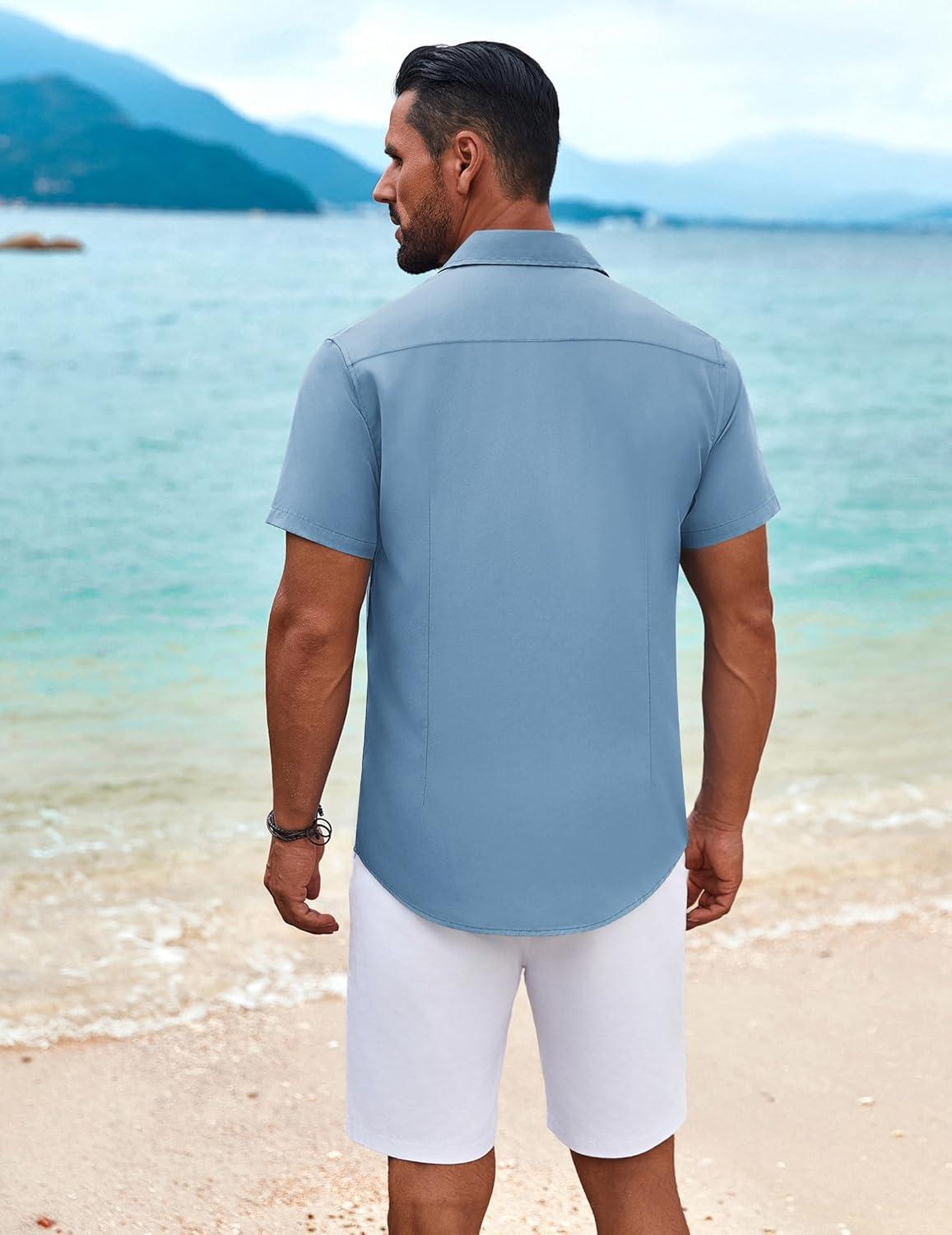 imageCOOFANDY Mens Cuban Guayabera Shirt Short Sleeve Button Down Shirts Summer Beach Vacation ShirtsDenim Blue White Webbing