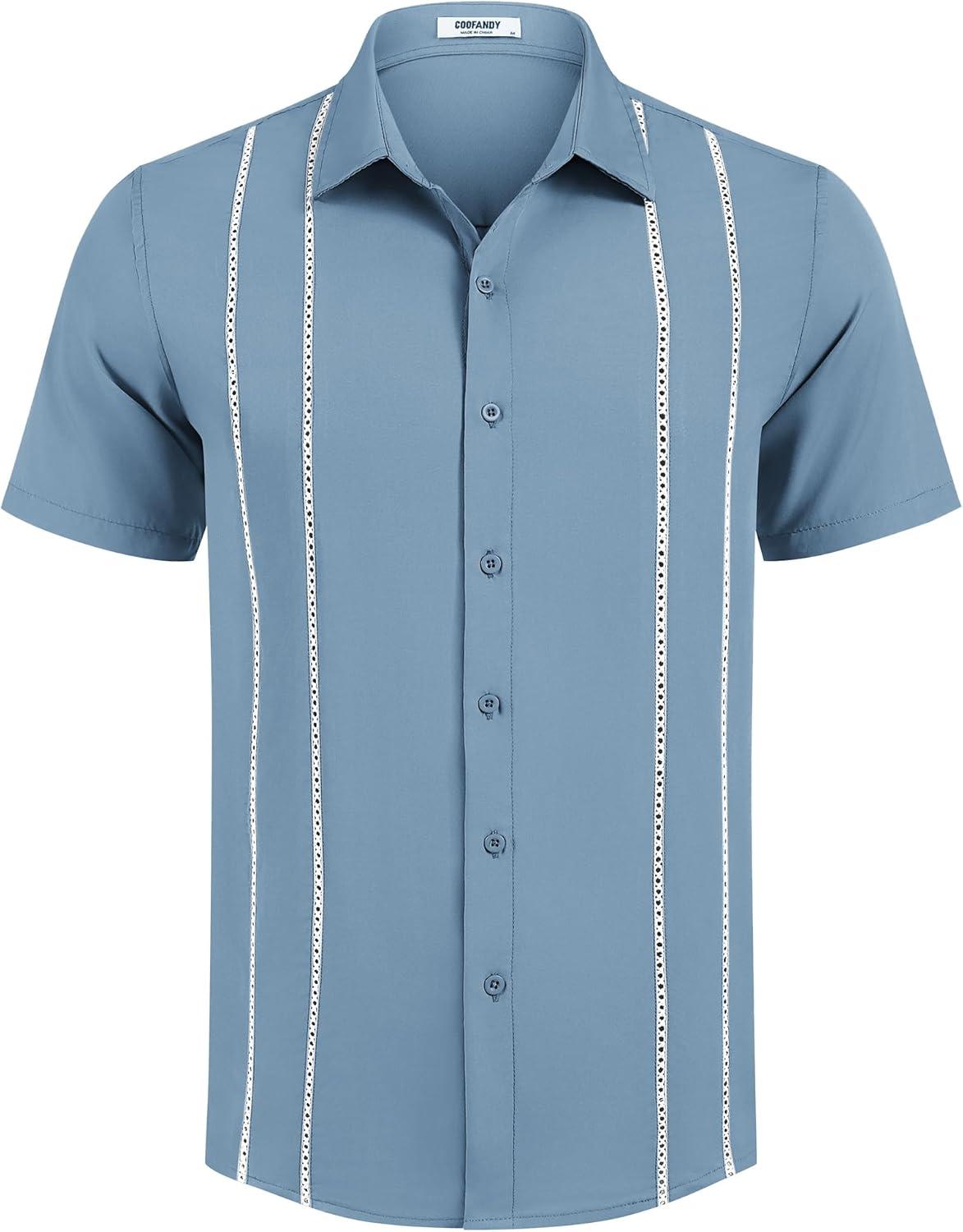imageCOOFANDY Mens Cuban Guayabera Shirt Short Sleeve Button Down Shirts Summer Beach Vacation ShirtsDenim Blue White Webbing
