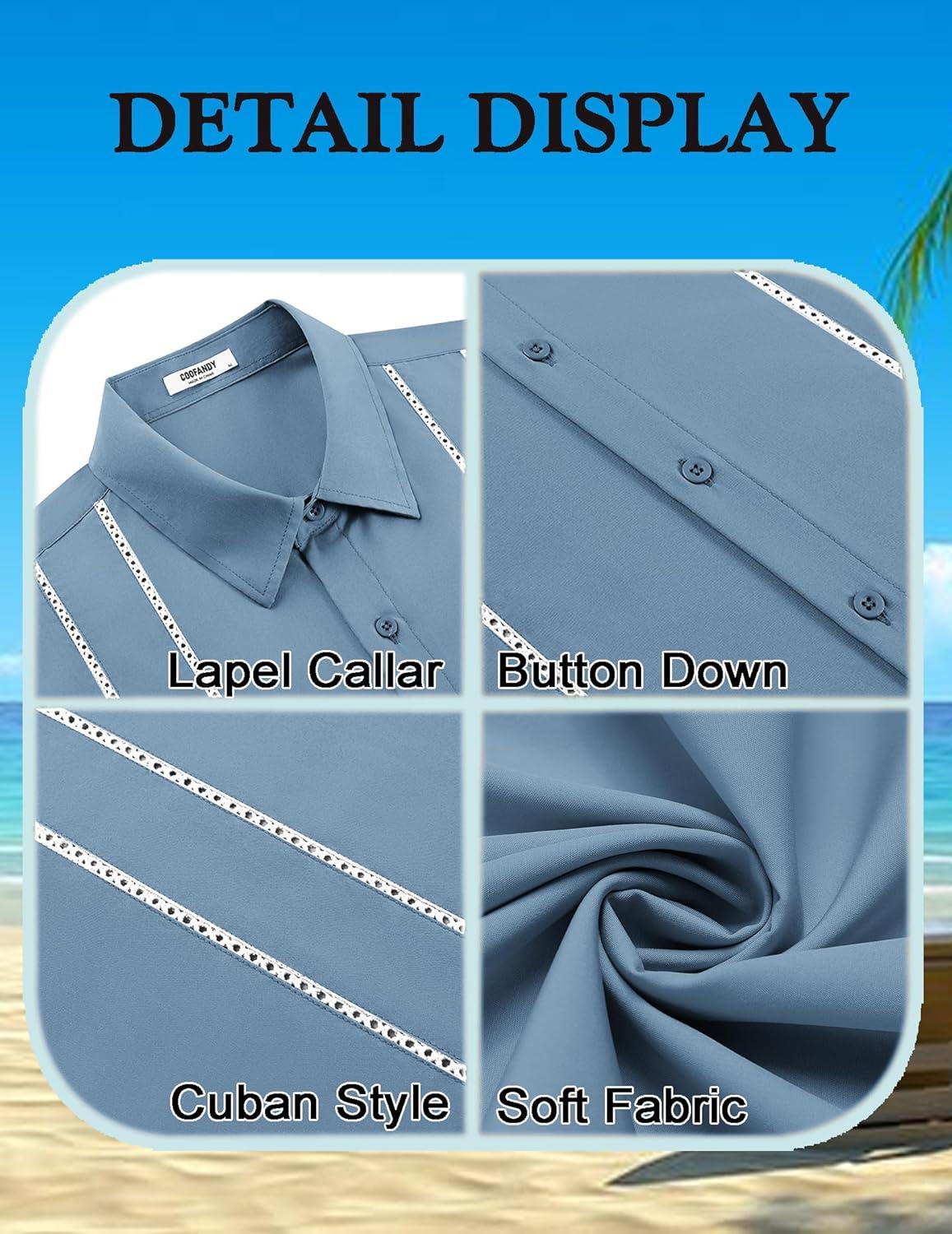 imageCOOFANDY Mens Cuban Guayabera Shirt Short Sleeve Button Down Shirts Summer Beach Vacation ShirtsDenim Blue White Webbing