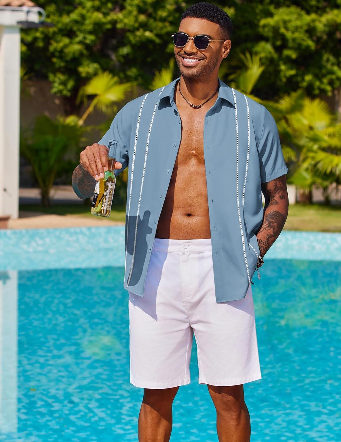 imageCOOFANDY Mens Cuban Guayabera Shirt Short Sleeve Button Down Shirts Summer Beach Vacation ShirtsDenim Blue White Webbing