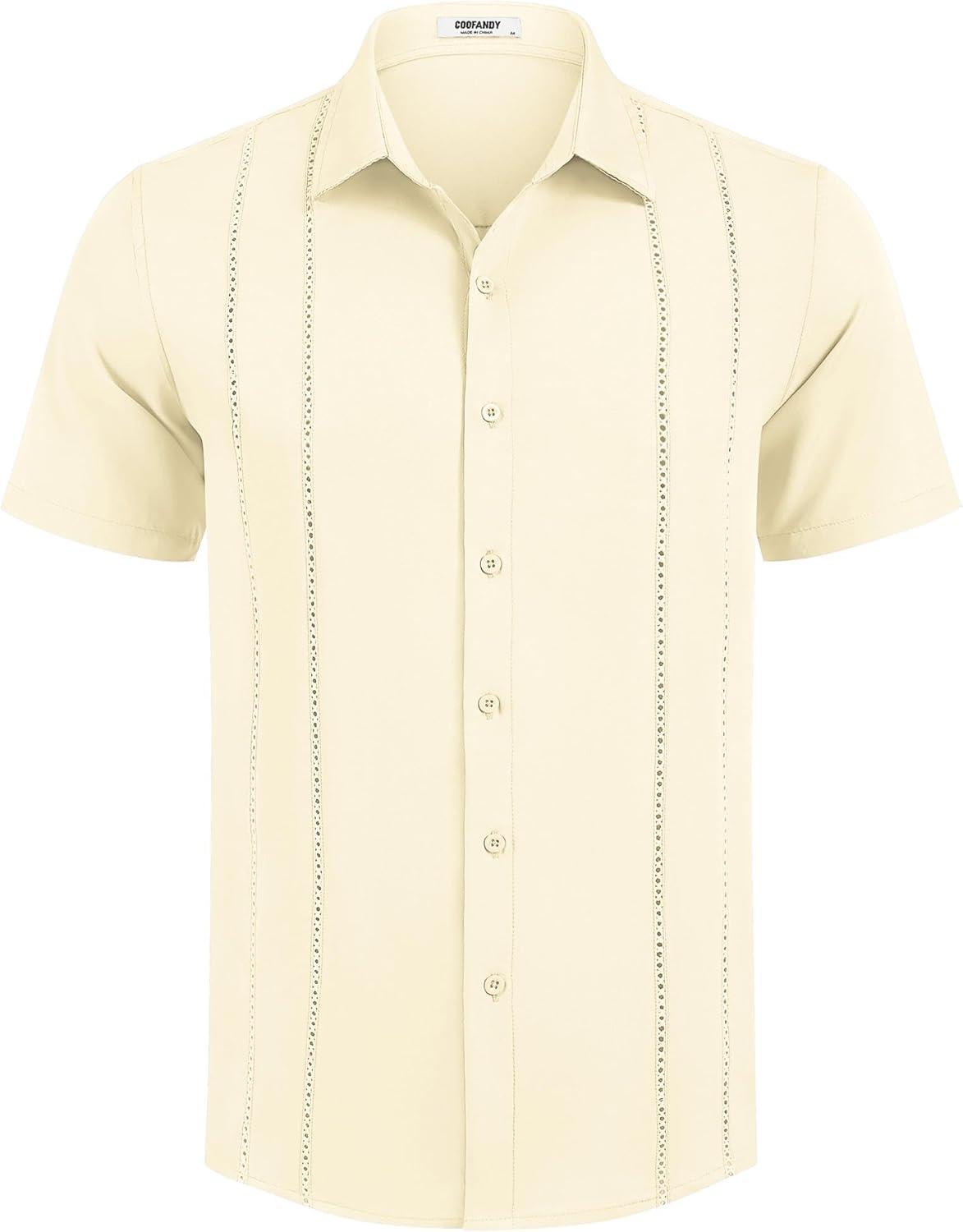 imageCOOFANDY Mens Cuban Guayabera Shirt Short Sleeve Button Down Shirts Summer Beach Vacation ShirtsLight Yellow