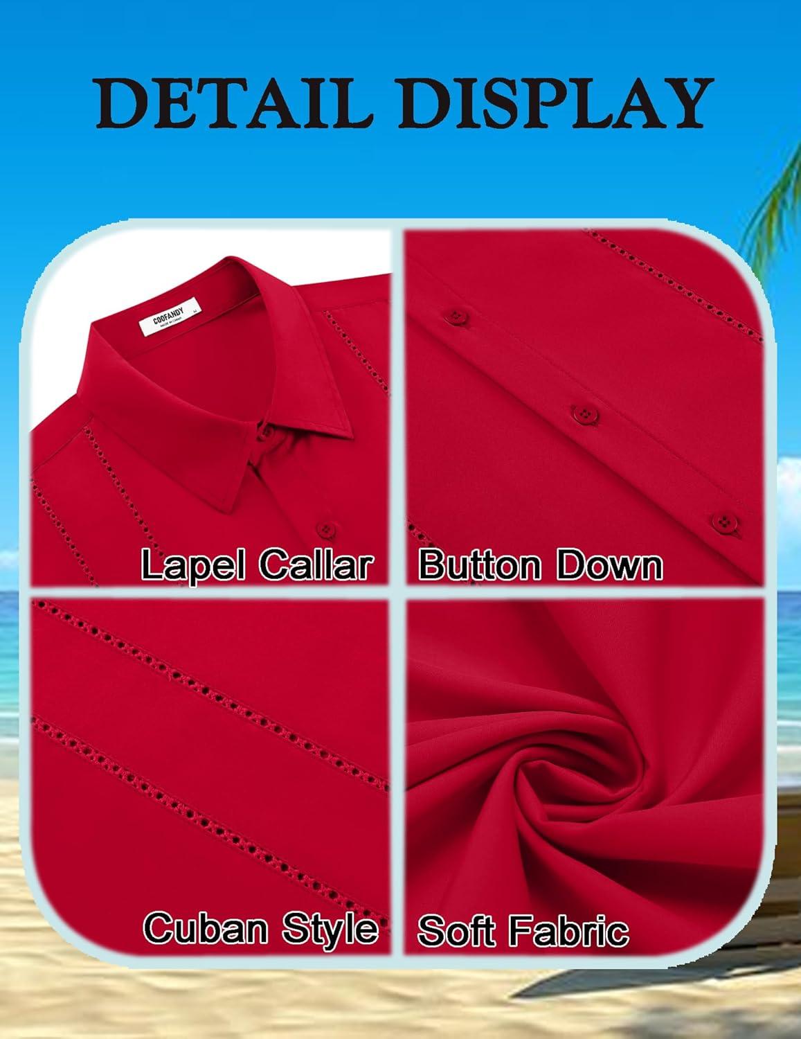 imageCOOFANDY Mens Cuban Guayabera Shirt Short Sleeve Button Down Shirts Summer Beach Vacation ShirtsRed