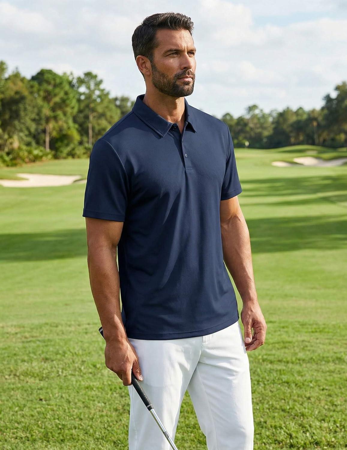 imageCOOFANDY Mens Golf Polo Shirts Short Sleeve Quick Dry Moisture Wicking Performance Collared Golf Shirt for MenNavyarmy Greendark Grey