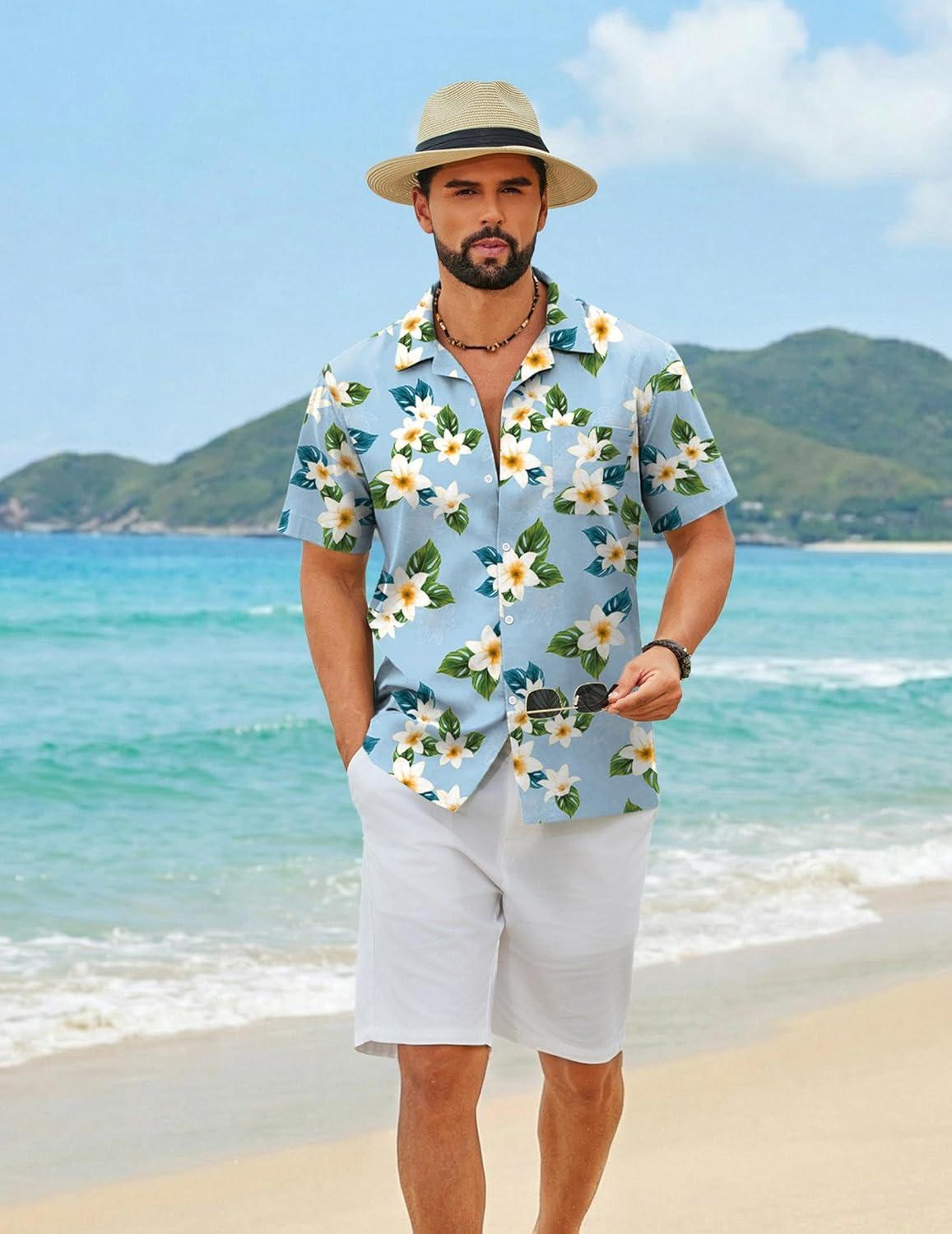 imageCOOFANDY Mens Hawaiian Shirt Short Sleeve Floral Button Down Shirts Tropical Summer Beach Shirts Camp Collar ShirtBlue Frangipani