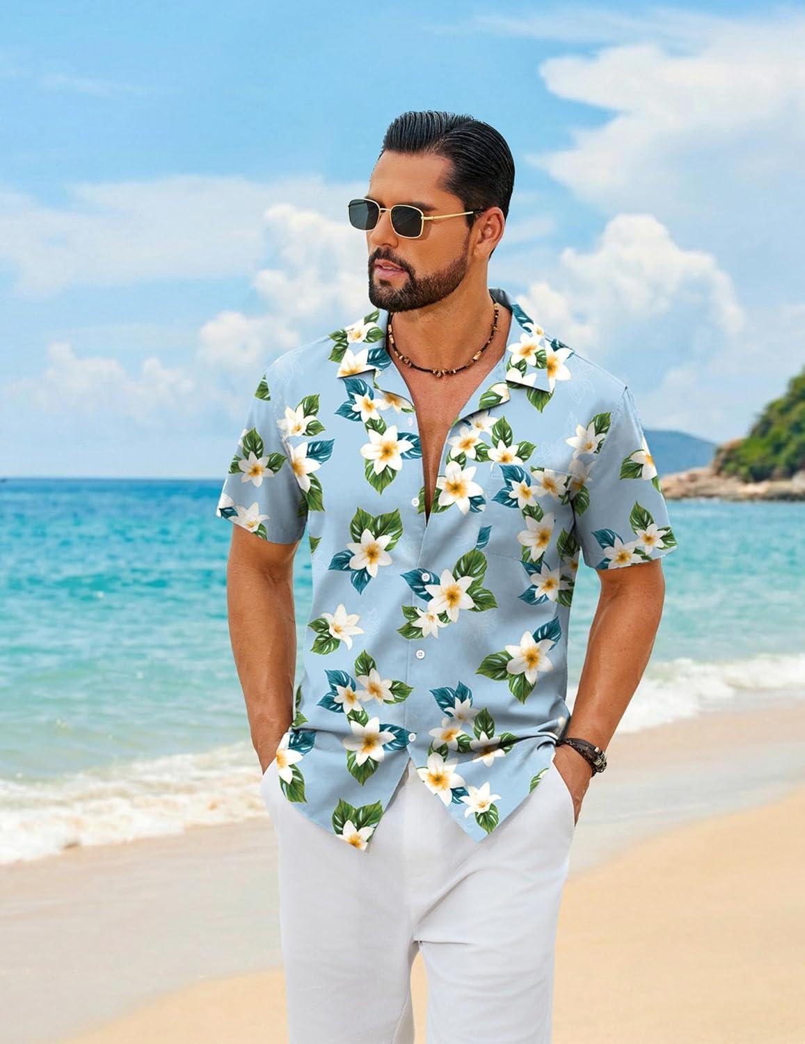imageCOOFANDY Mens Hawaiian Shirt Short Sleeve Floral Button Down Shirts Tropical Summer Beach Shirts Camp Collar ShirtBlue Frangipani
