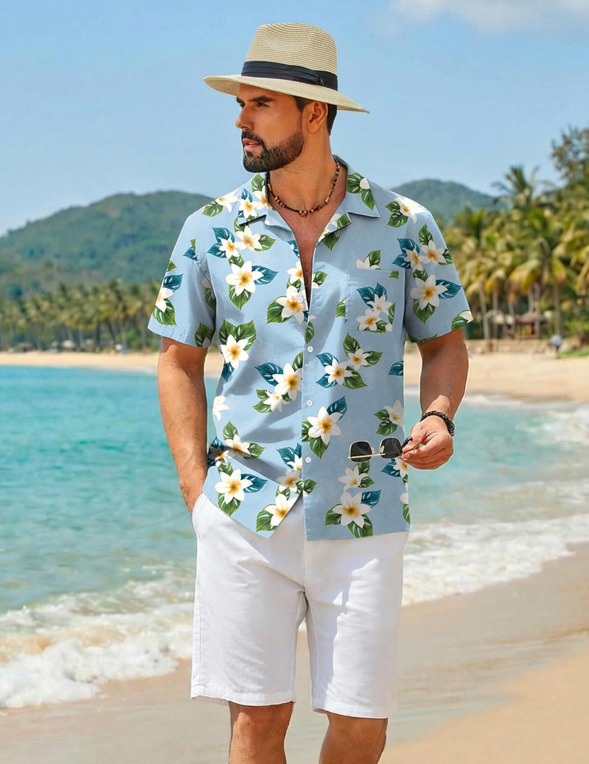 imageCOOFANDY Mens Hawaiian Shirt Short Sleeve Floral Button Down Shirts Tropical Summer Beach Shirts Camp Collar ShirtBlue Frangipani