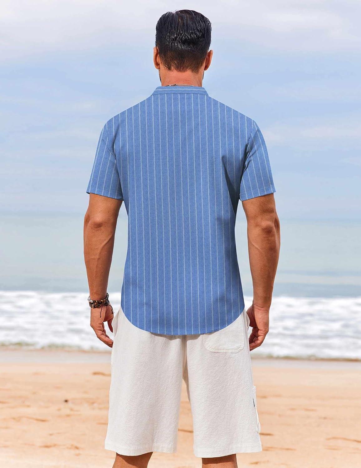 imageCOOFANDY Mens Henley Shirt Short Sleeve Casual TShirt Summer Beach Hippie Henley Tee ShirtBlue Striped
