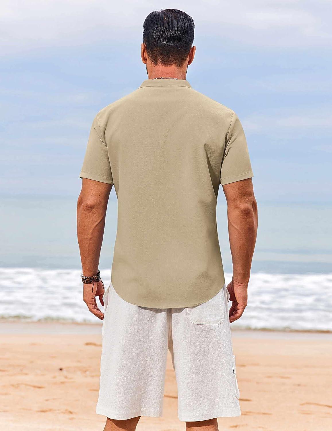 imageCOOFANDY Mens Henley Shirt Short Sleeve Casual TShirt Summer Beach Hippie Henley Tee ShirtLight Khaki