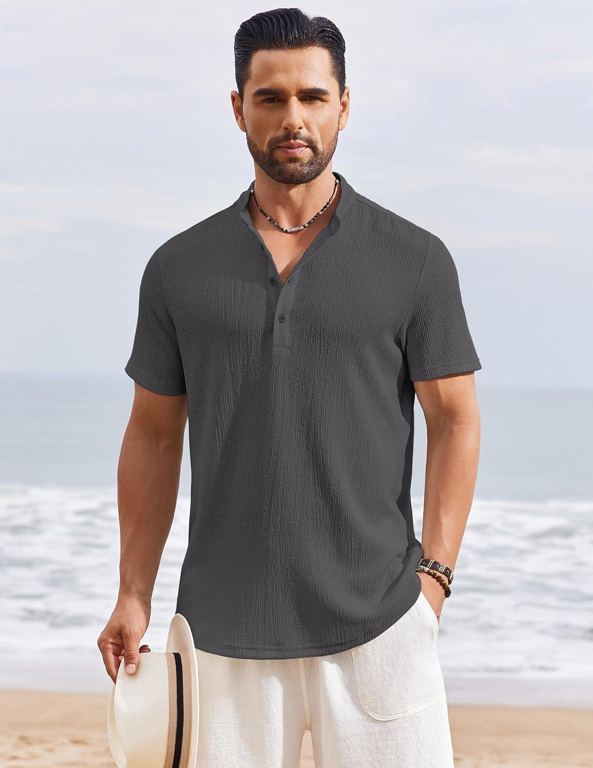 imageCOOFANDY Mens Henley Shirt Short Sleeve Stand Collar Summer Casual Beach Hippie TShirtsDark Grey