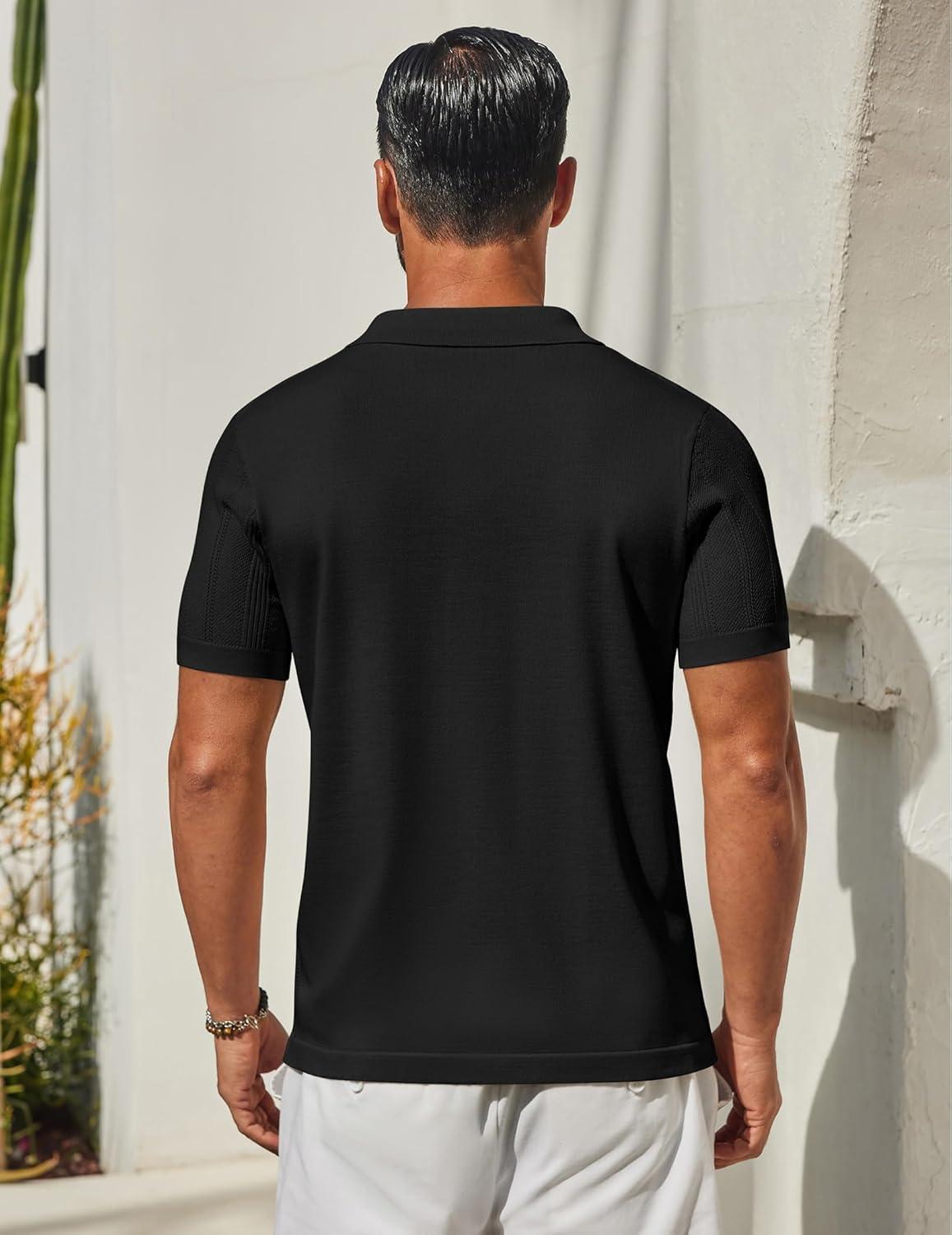 imageCOOFANDY Mens Knit Button Down Shirts Short Sleeve Polo Shirt Casual Vacation Summer Beach ShirtsBlack