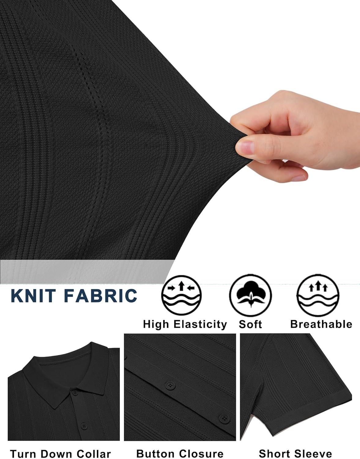 imageCOOFANDY Mens Knit Button Down Shirts Short Sleeve Polo Shirt Casual Vacation Summer Beach ShirtsBlack
