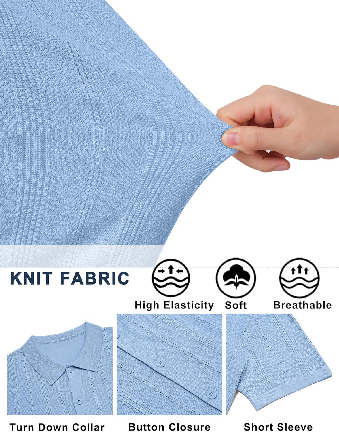 imageCOOFANDY Mens Knit Button Down Shirts Short Sleeve Polo Shirt Casual Vacation Summer Beach ShirtsBlue