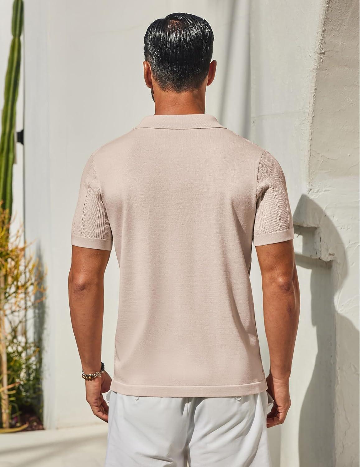 imageCOOFANDY Mens Knit Button Down Shirts Short Sleeve Polo Shirt Casual Vacation Summer Beach ShirtsCream