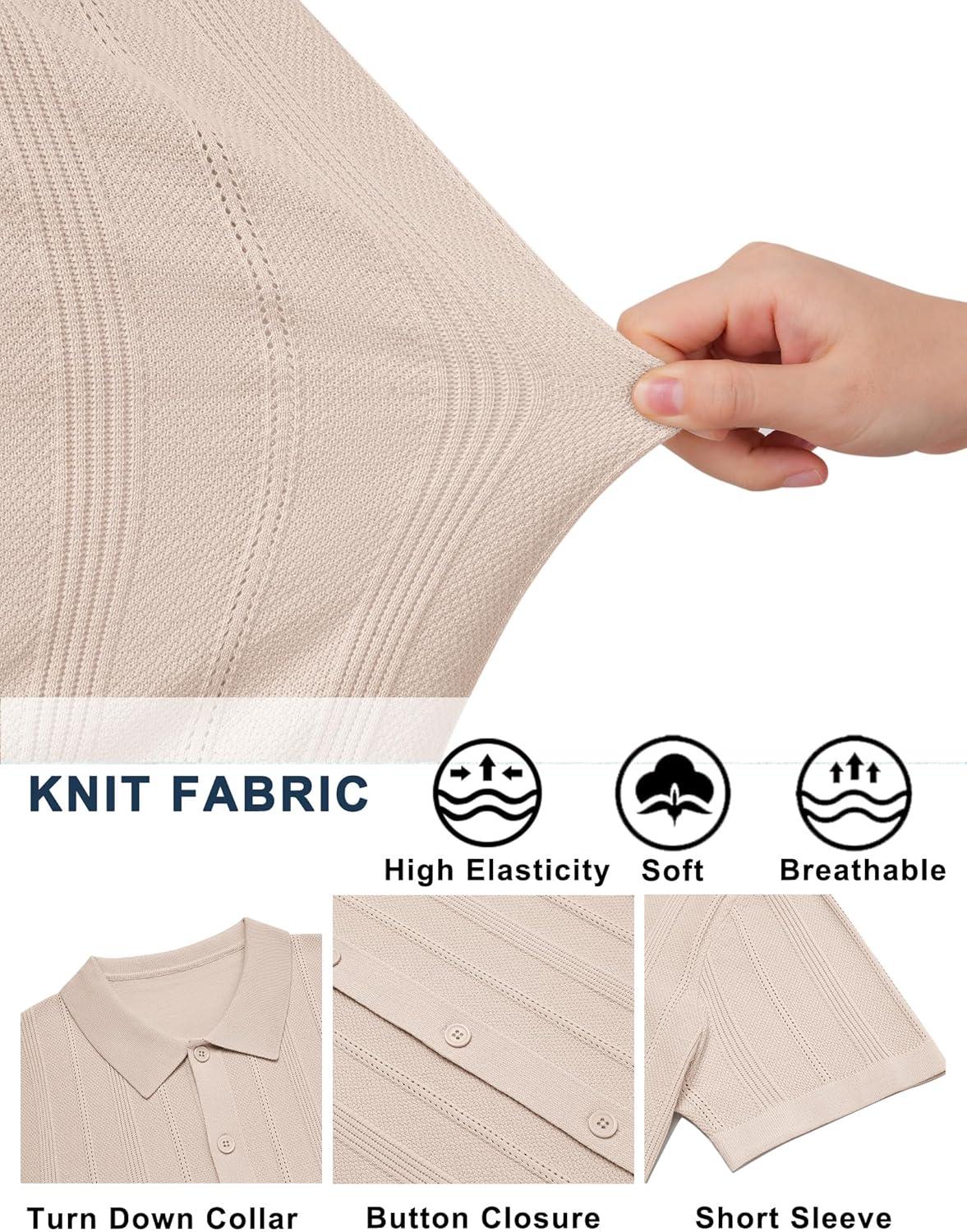 imageCOOFANDY Mens Knit Button Down Shirts Short Sleeve Polo Shirt Casual Vacation Summer Beach ShirtsCream