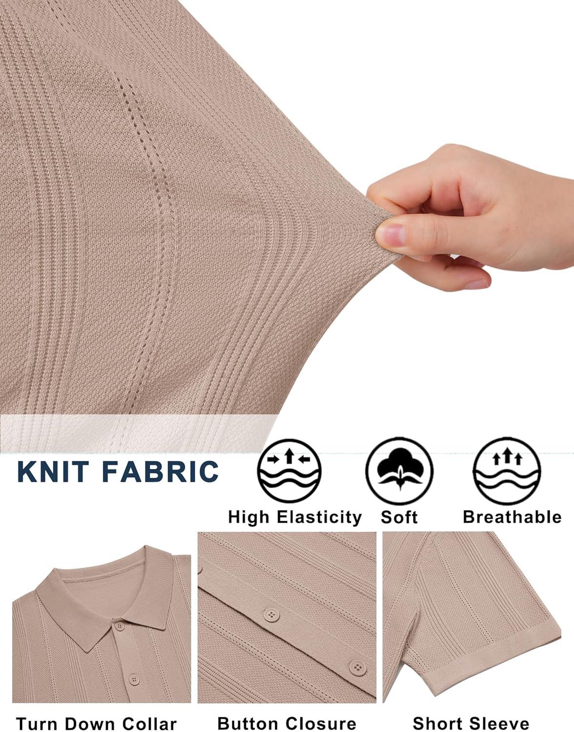 imageCOOFANDY Mens Knit Button Down Shirts Short Sleeve Polo Shirt Casual Vacation Summer Beach ShirtsKhaki
