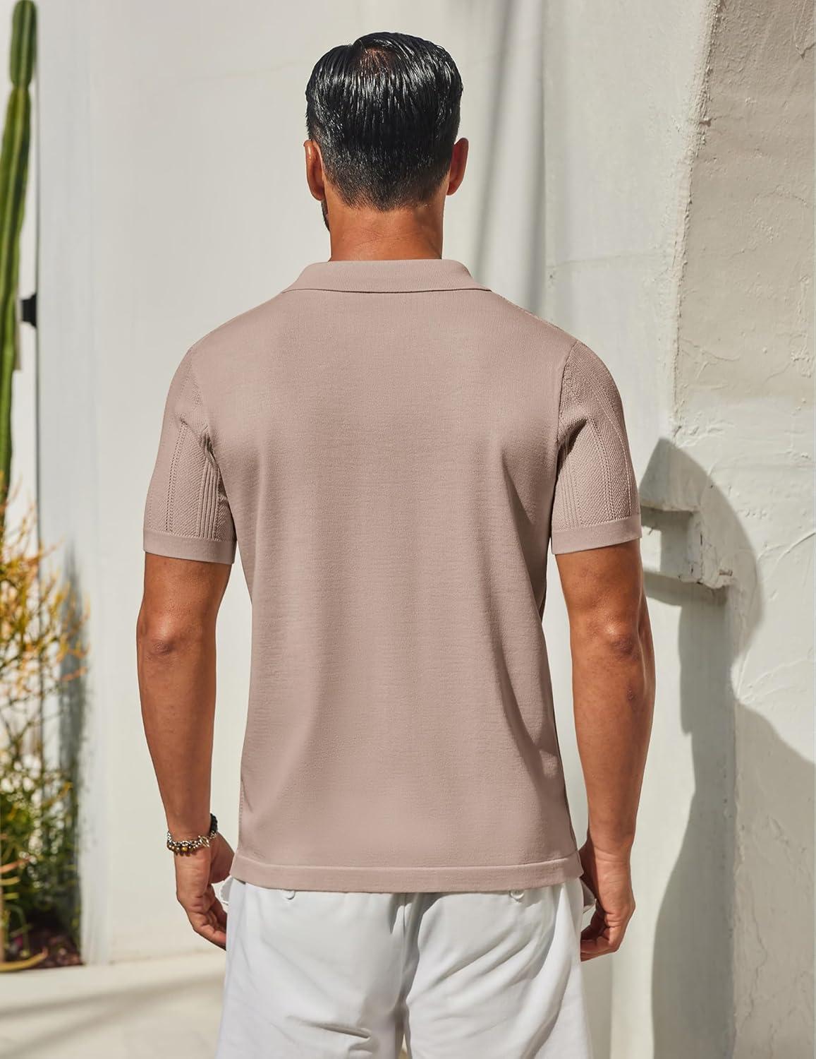 imageCOOFANDY Mens Knit Button Down Shirts Short Sleeve Polo Shirt Casual Vacation Summer Beach ShirtsKhaki