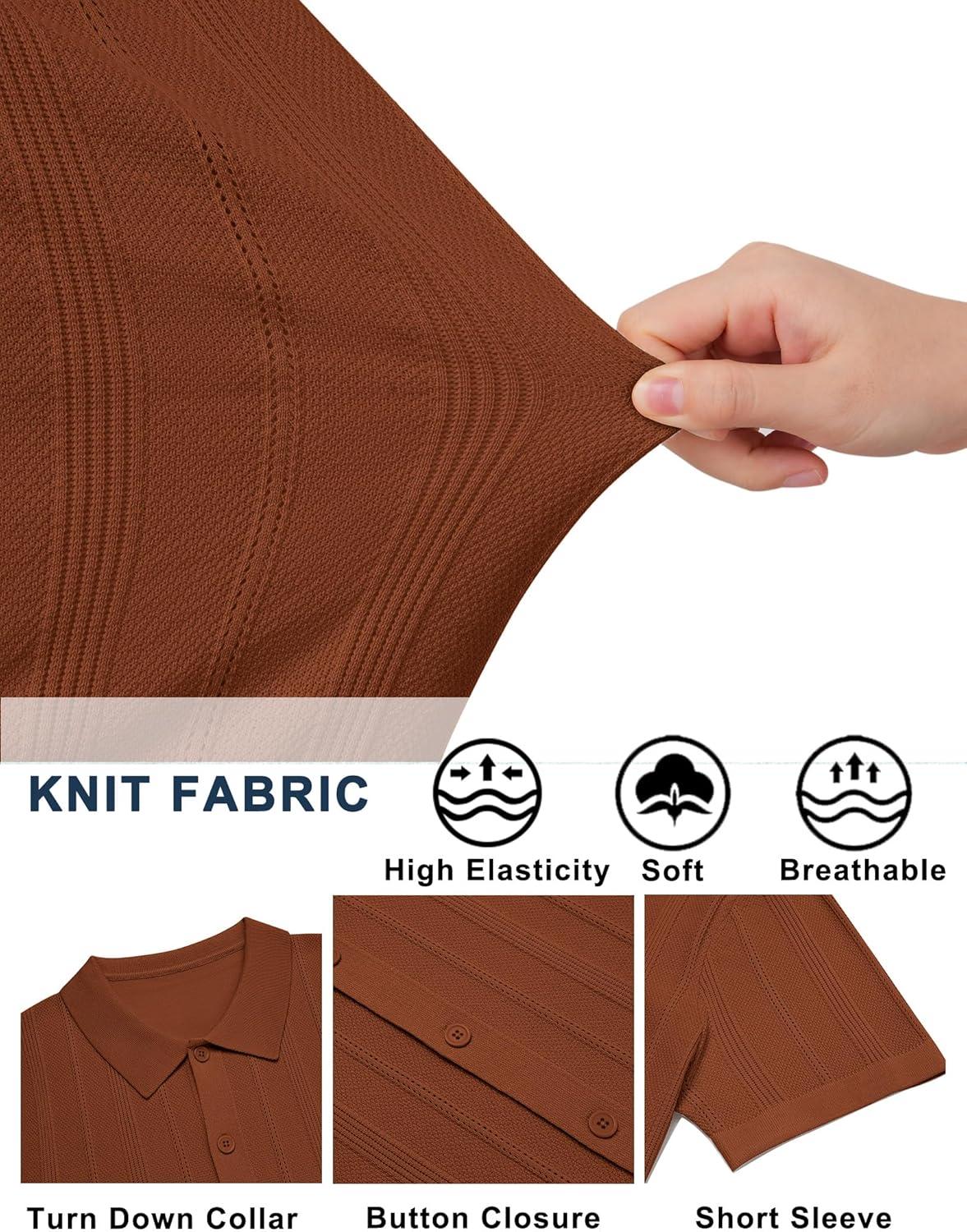 imageCOOFANDY Mens Knit Button Down Shirts Short Sleeve Polo Shirt Casual Vacation Summer Beach ShirtsLight Brown