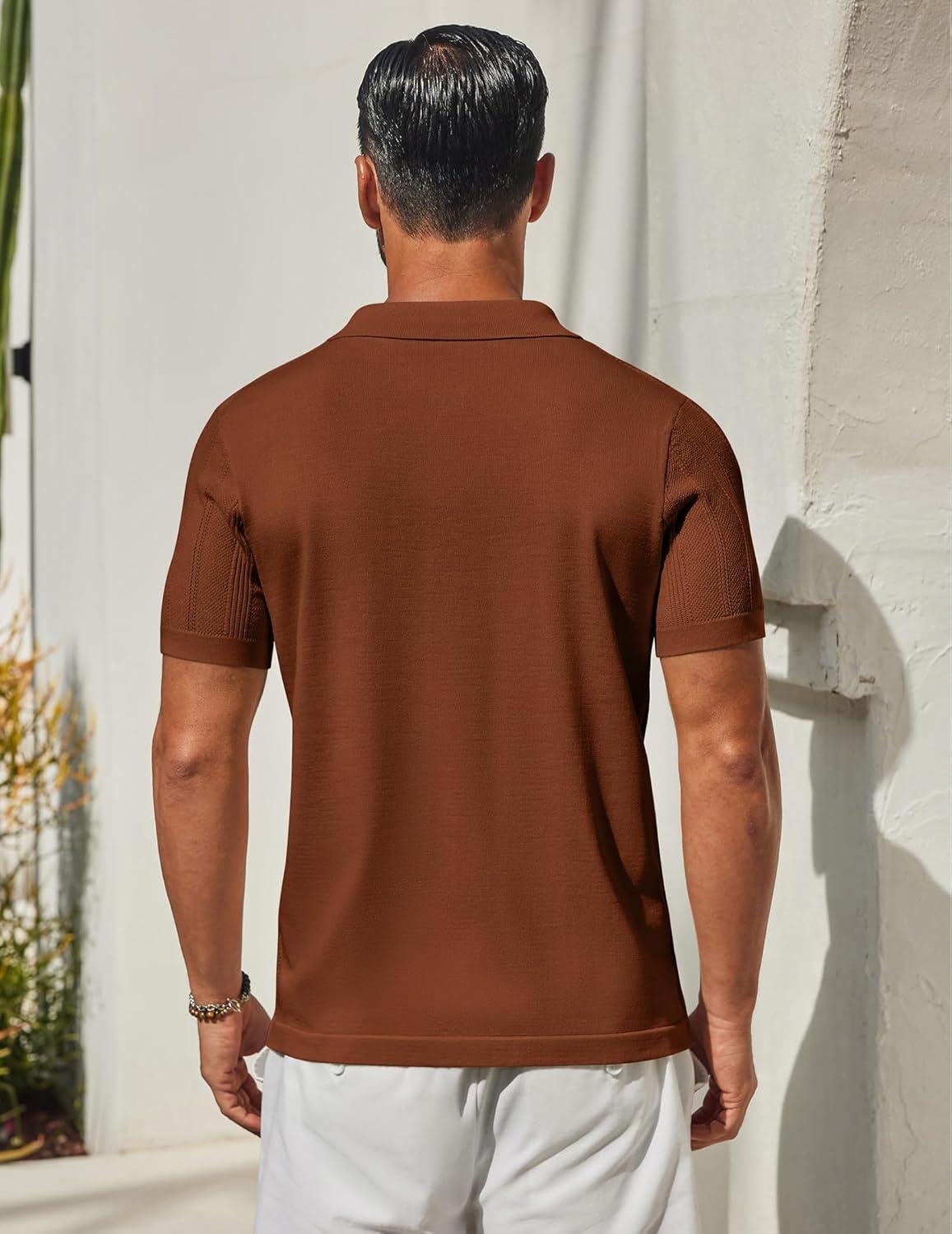 imageCOOFANDY Mens Knit Button Down Shirts Short Sleeve Polo Shirt Casual Vacation Summer Beach ShirtsLight Brown
