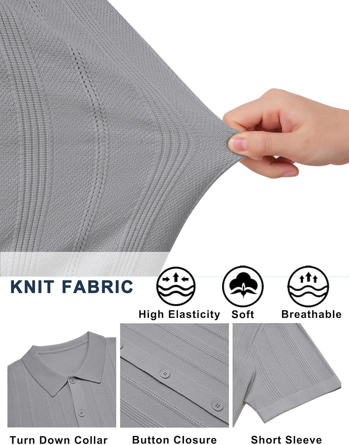 imageCOOFANDY Mens Knit Button Down Shirts Short Sleeve Polo Shirt Casual Vacation Summer Beach ShirtsLight Grey