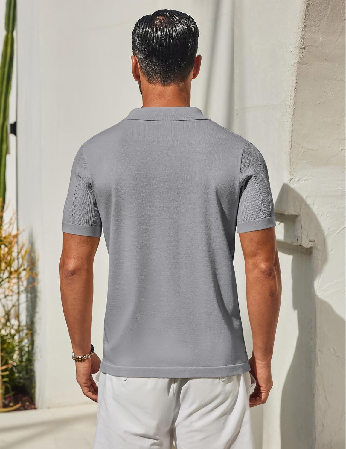 imageCOOFANDY Mens Knit Button Down Shirts Short Sleeve Polo Shirt Casual Vacation Summer Beach ShirtsLight Grey