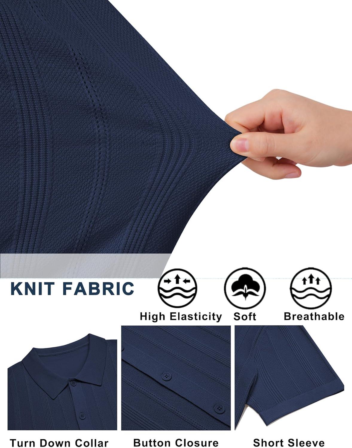 imageCOOFANDY Mens Knit Button Down Shirts Short Sleeve Polo Shirt Casual Vacation Summer Beach ShirtsNavy Blue