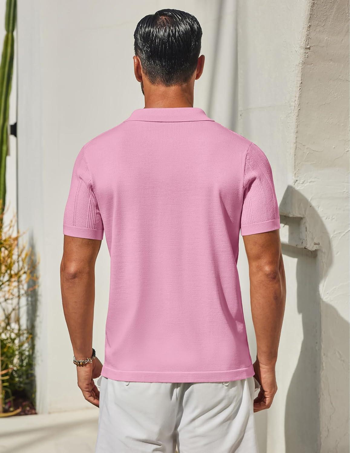 imageCOOFANDY Mens Knit Button Down Shirts Short Sleeve Polo Shirt Casual Vacation Summer Beach ShirtsPink