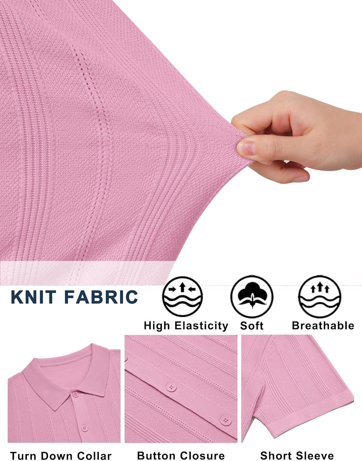 imageCOOFANDY Mens Knit Button Down Shirts Short Sleeve Polo Shirt Casual Vacation Summer Beach ShirtsPink