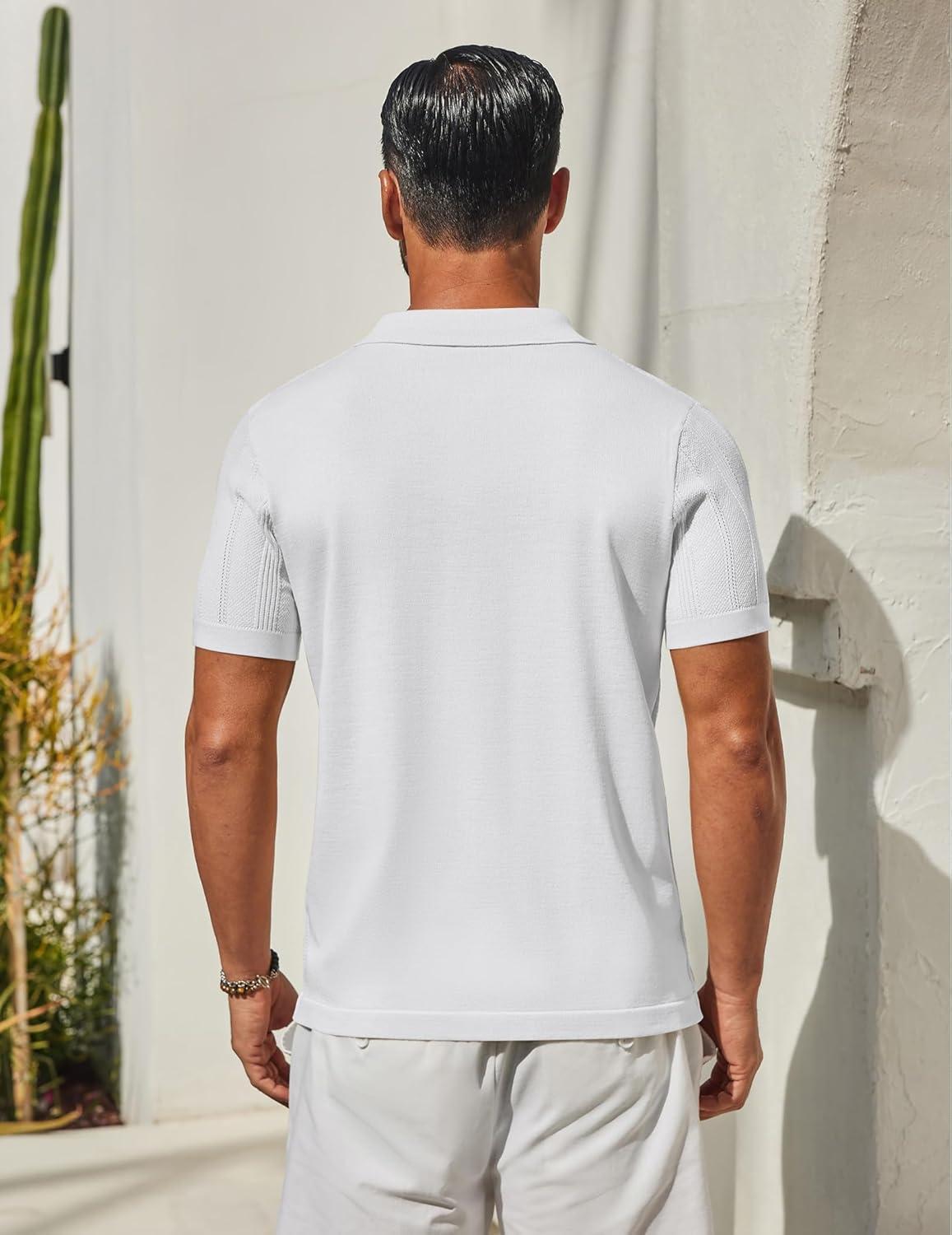 imageCOOFANDY Mens Knit Button Down Shirts Short Sleeve Polo Shirt Casual Vacation Summer Beach ShirtsWhite