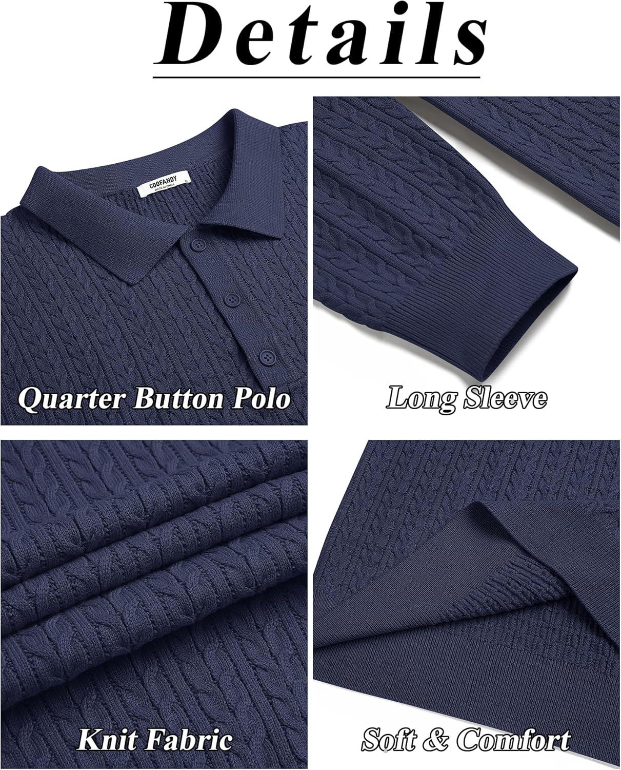 imageCOOFANDY Mens Knit Polo Sweater Long Sleeve Quarter Button Polo Shirts Casual Ribbed Collared Shirt Golf Pullover SweatersBlue Purple