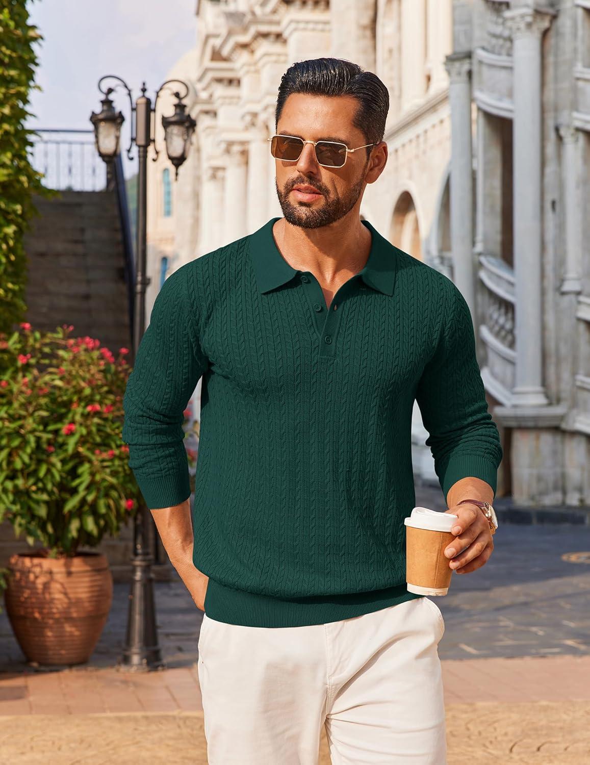 imageCOOFANDY Mens Knit Polo Sweater Long Sleeve Quarter Button Polo Shirts Casual Ribbed Collared Shirt Golf Pullover SweatersLake Green