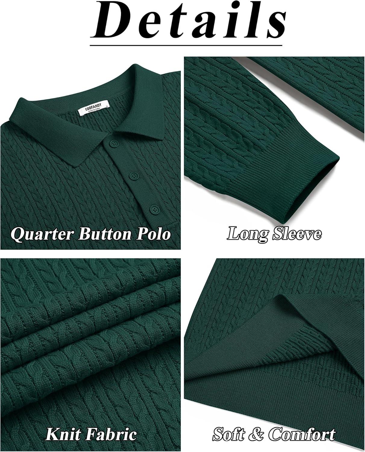 imageCOOFANDY Mens Knit Polo Sweater Long Sleeve Quarter Button Polo Shirts Casual Ribbed Collared Shirt Golf Pullover SweatersLake Green