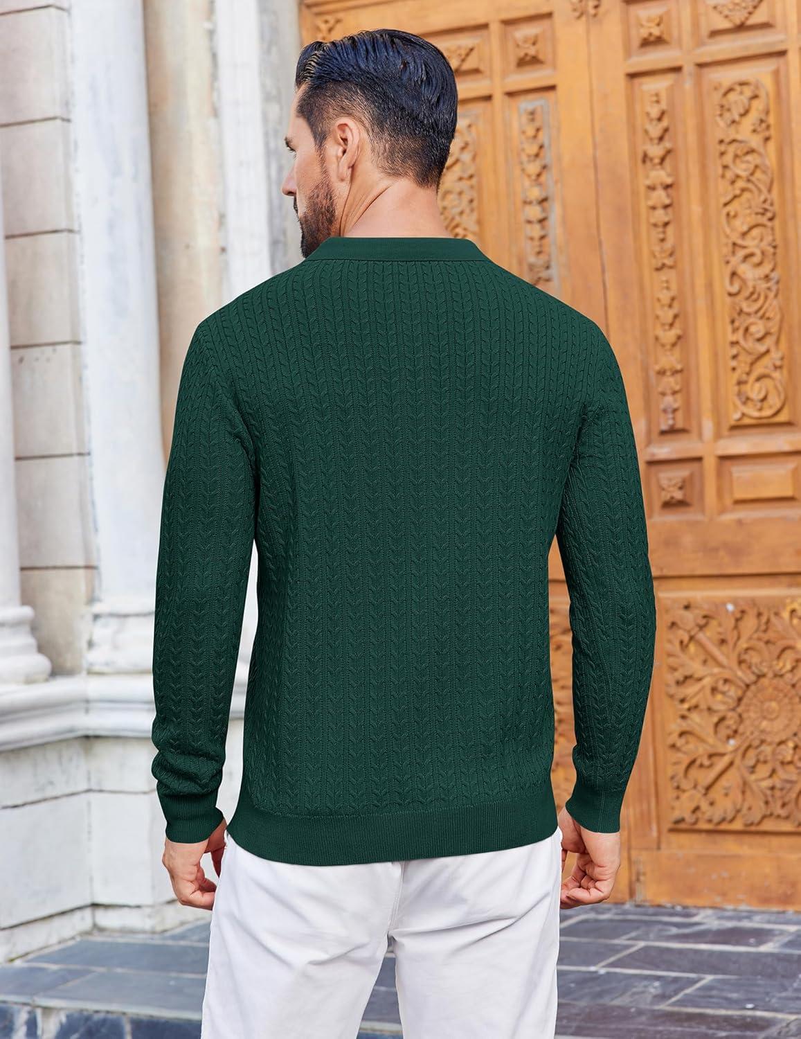 imageCOOFANDY Mens Knit Polo Sweater Long Sleeve Quarter Button Polo Shirts Casual Ribbed Collared Shirt Golf Pullover SweatersLake Green