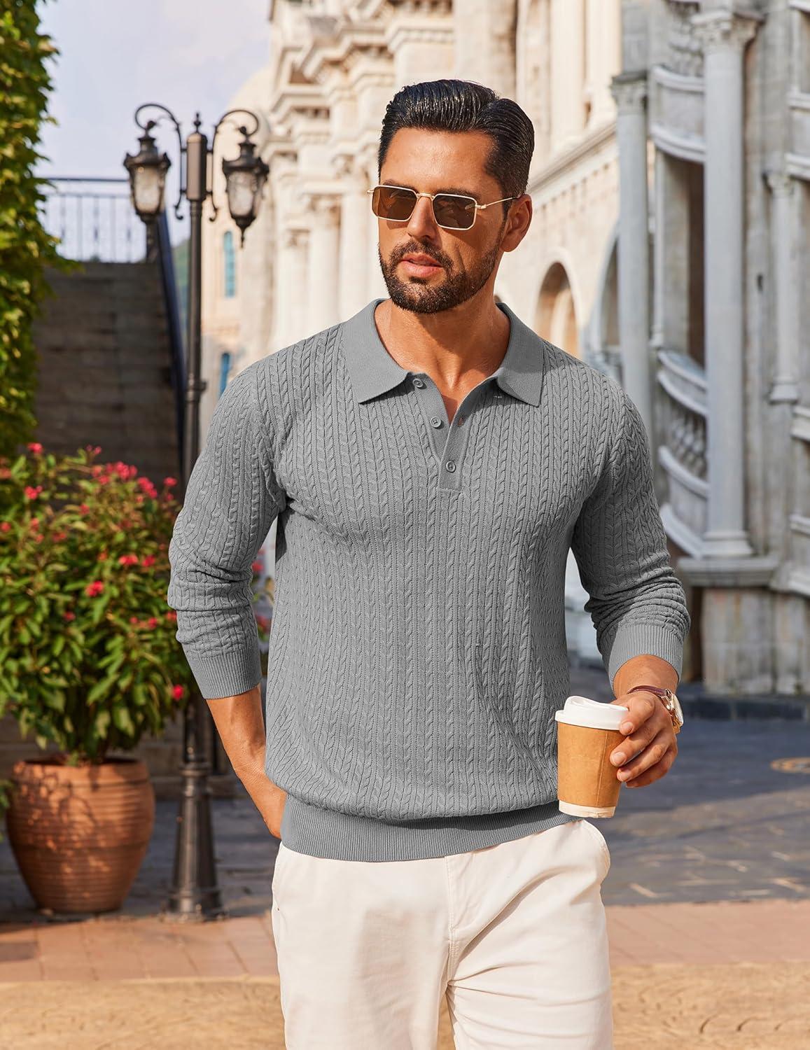 imageCOOFANDY Mens Knit Polo Sweater Long Sleeve Quarter Button Polo Shirts Casual Ribbed Collared Shirt Golf Pullover SweatersMedium Gray