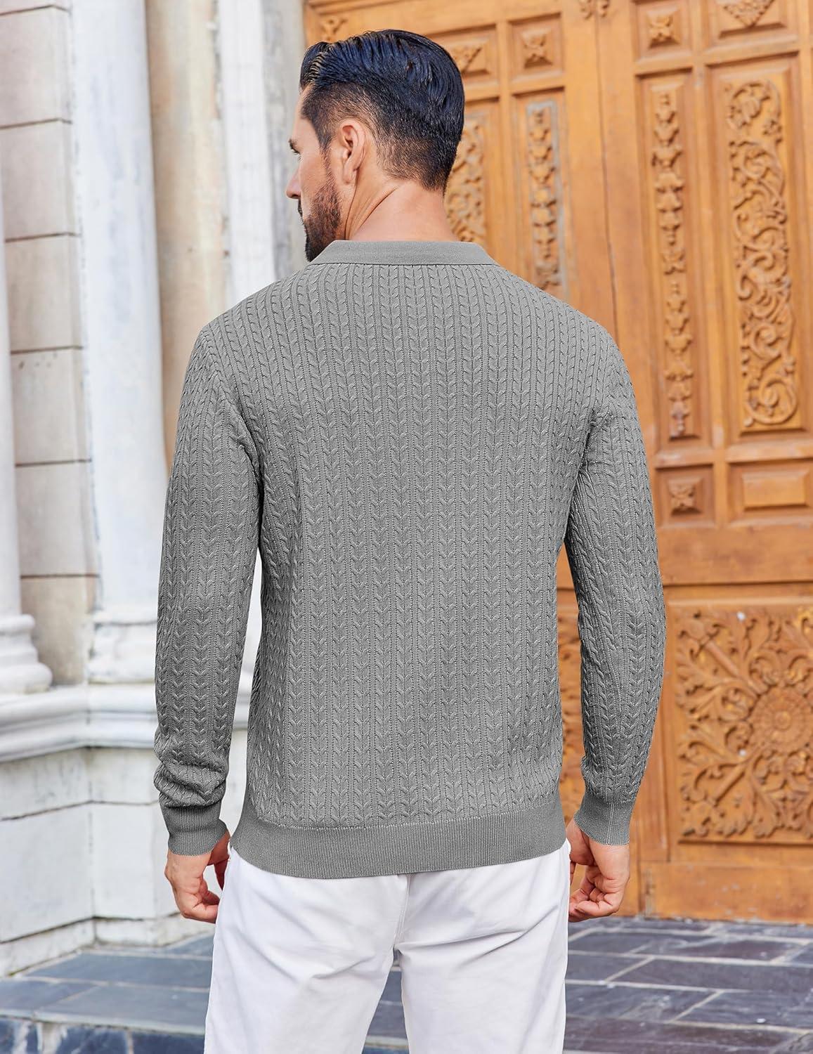 imageCOOFANDY Mens Knit Polo Sweater Long Sleeve Quarter Button Polo Shirts Casual Ribbed Collared Shirt Golf Pullover SweatersMedium Gray