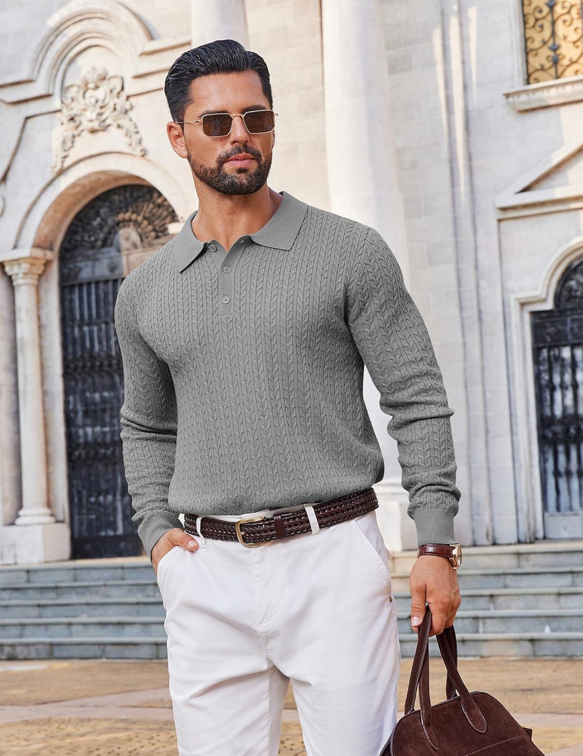 imageCOOFANDY Mens Knit Polo Sweater Long Sleeve Quarter Button Polo Shirts Casual Ribbed Collared Shirt Golf Pullover SweatersMedium Gray