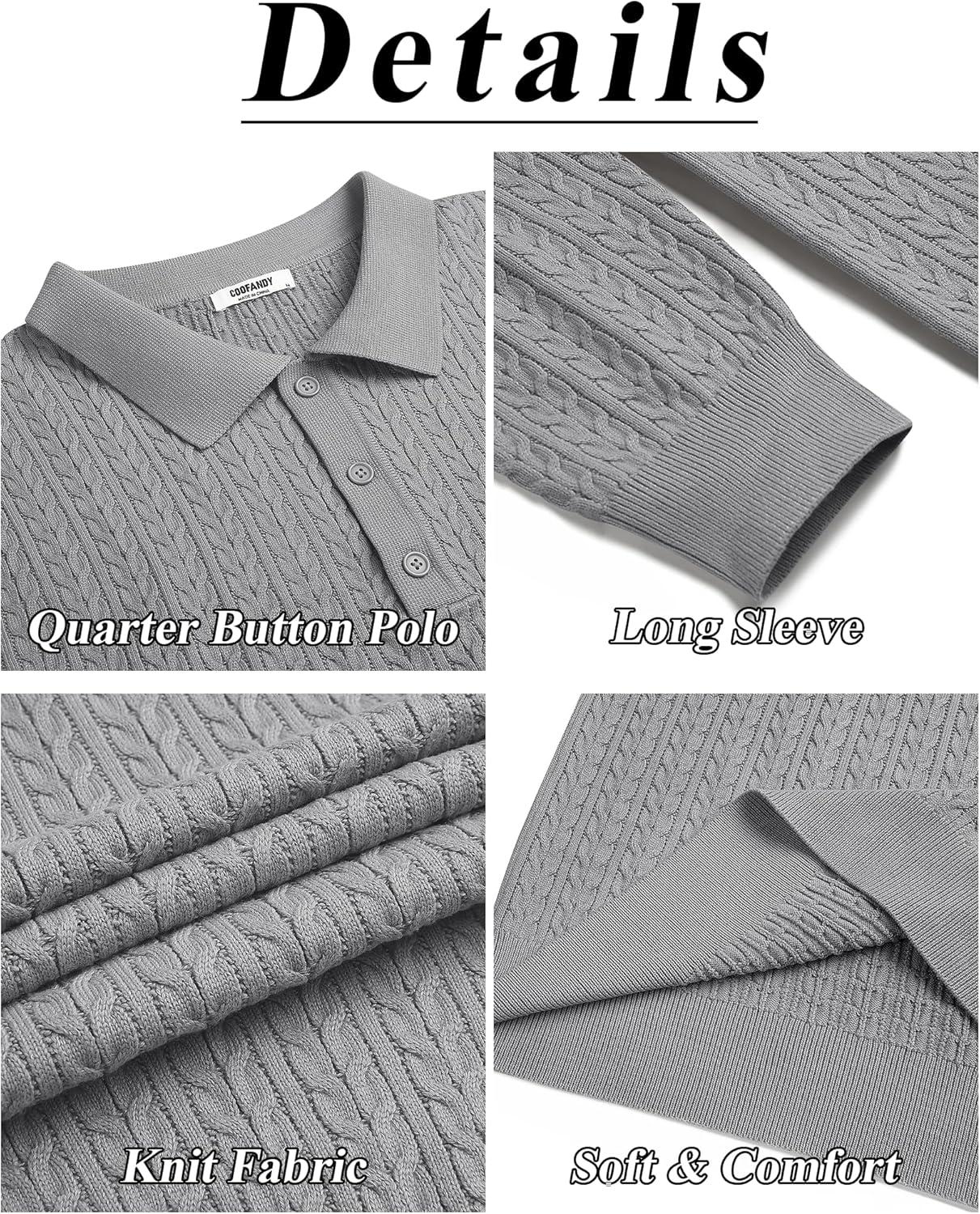 imageCOOFANDY Mens Knit Polo Sweater Long Sleeve Quarter Button Polo Shirts Casual Ribbed Collared Shirt Golf Pullover SweatersMedium Gray