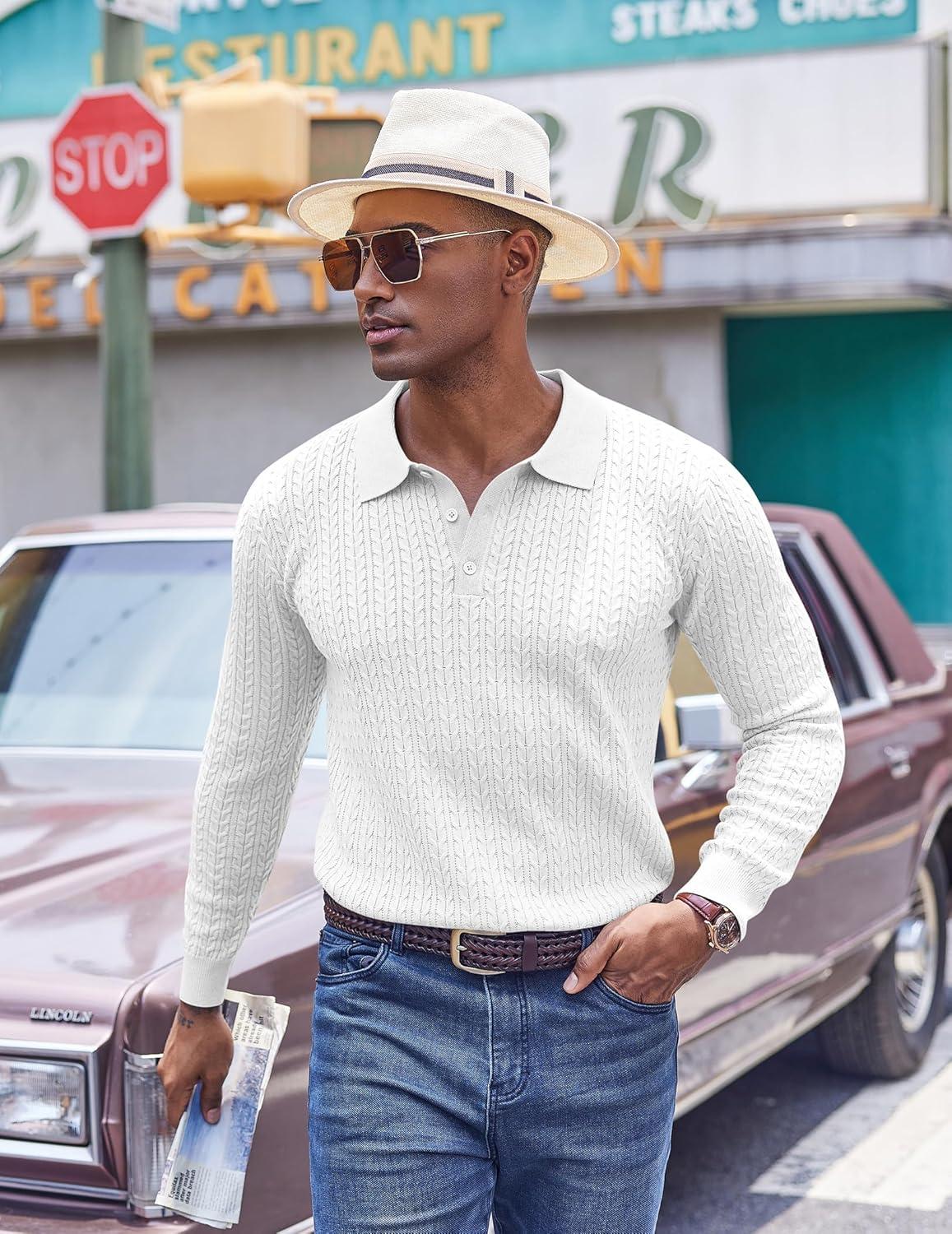 imageCOOFANDY Mens Knit Polo Sweater Long Sleeve Quarter Button Polo Shirts Casual Ribbed Collared Shirt Golf Pullover SweatersWhite