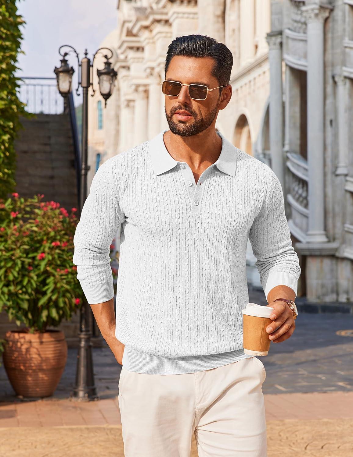 imageCOOFANDY Mens Knit Polo Sweater Long Sleeve Quarter Button Polo Shirts Casual Ribbed Collared Shirt Golf Pullover SweatersWhite