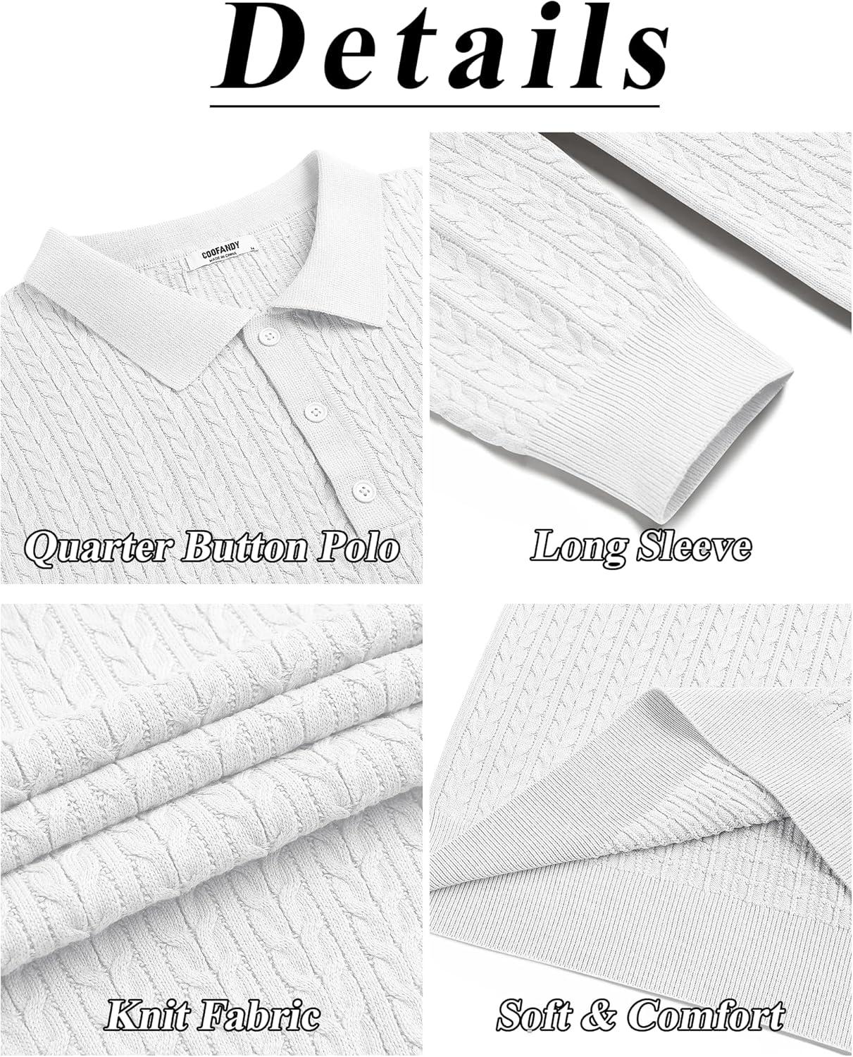 imageCOOFANDY Mens Knit Polo Sweater Long Sleeve Quarter Button Polo Shirts Casual Ribbed Collared Shirt Golf Pullover SweatersWhite