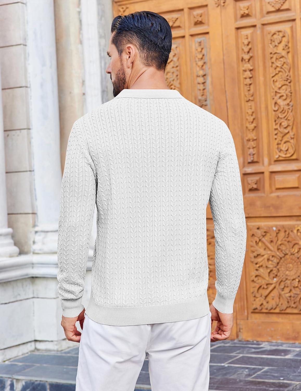 imageCOOFANDY Mens Knit Polo Sweater Long Sleeve Quarter Button Polo Shirts Casual Ribbed Collared Shirt Golf Pullover SweatersWhite